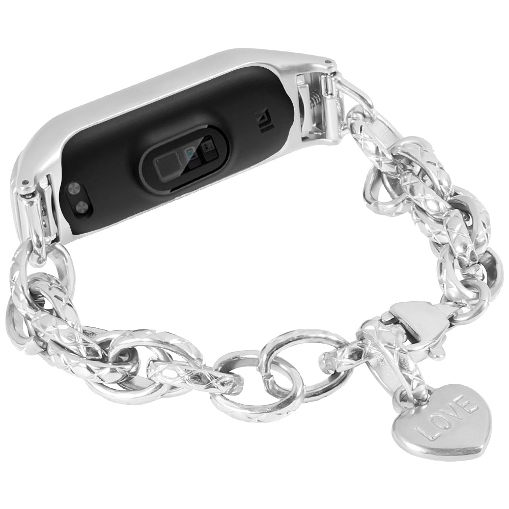 For Xiaomi Mi Band 5/Mi Band 6 Stainless Steel Heart-shaped Pendant Wrist Bracelet Watch Band Replacement Strap - Silver