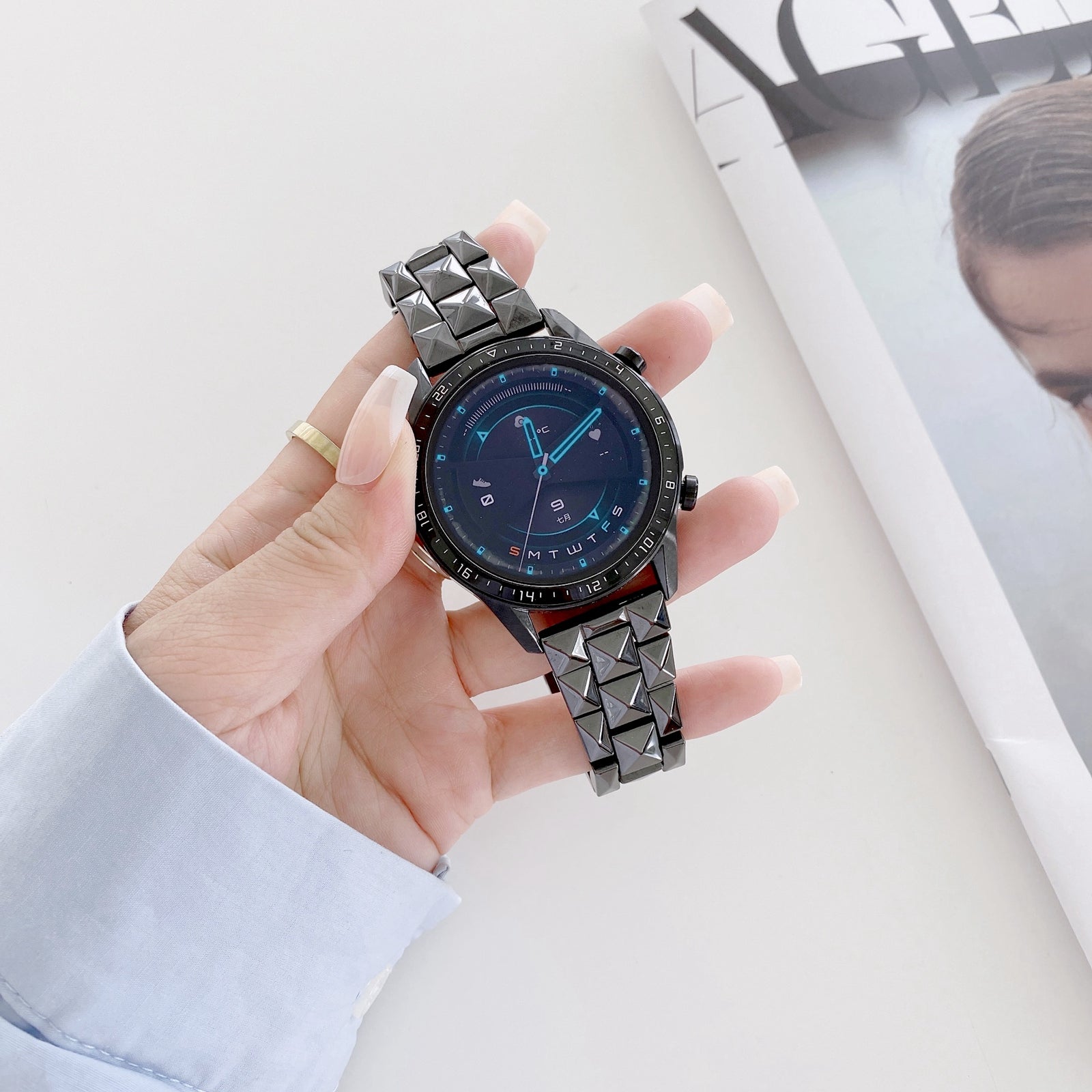 For Huawei Watch GT3 46mm/Xiaomi Haylou RS3 22mm Universal Rhombus Grid Design Ceramic Watch Strap Wrist Band - Black