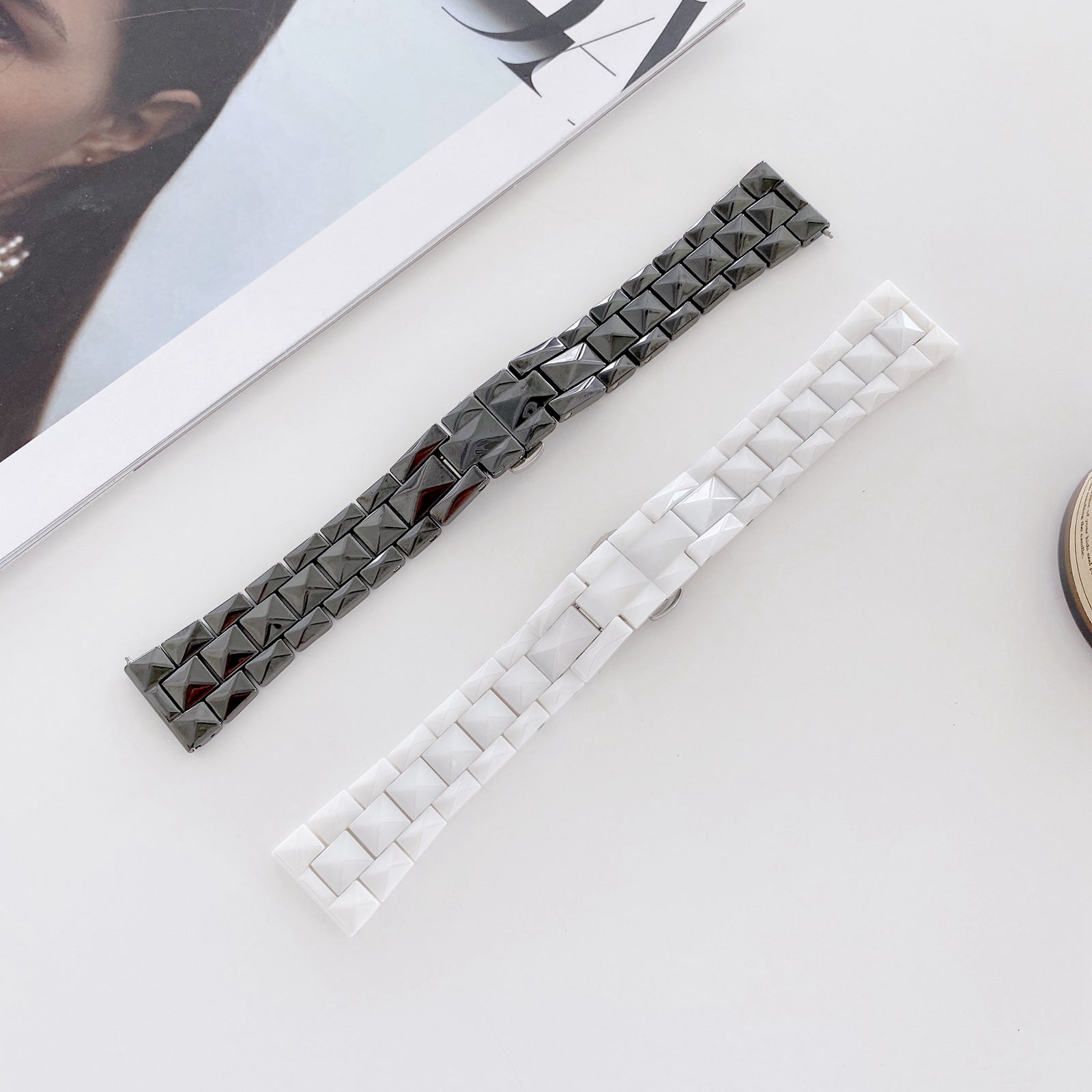 For Huawei Watch GT3 46mm/Xiaomi Haylou RS3 22mm Universal Rhombus Grid Design Ceramic Watch Strap Wrist Band - Black
