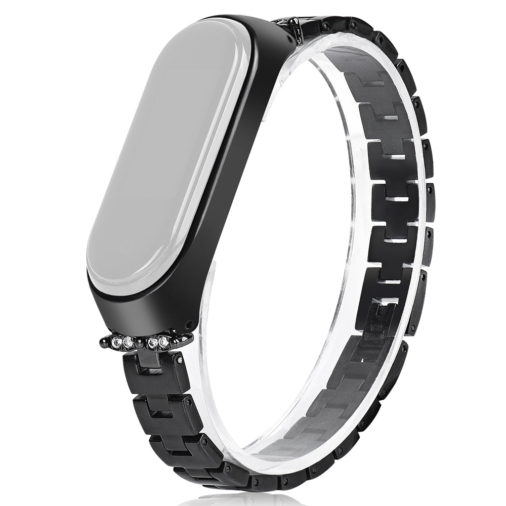 For Xiaomi Mi Band 3/4 Bling Rhinestone Decorative Smart Watch Stainless Steel Chain Watch Strap Metal Watchband - Black