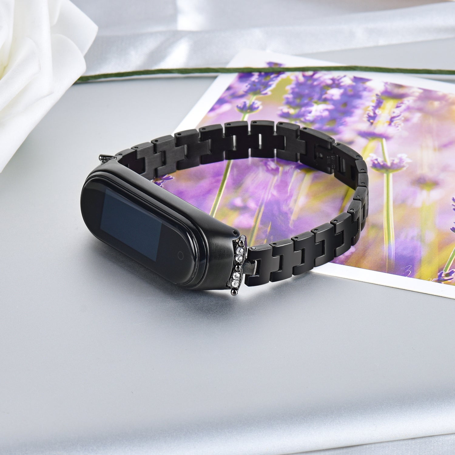 For Xiaomi Mi Band 3/4 Bling Rhinestone Decorative Smart Watch Stainless Steel Chain Watch Strap Metal Watchband - Black