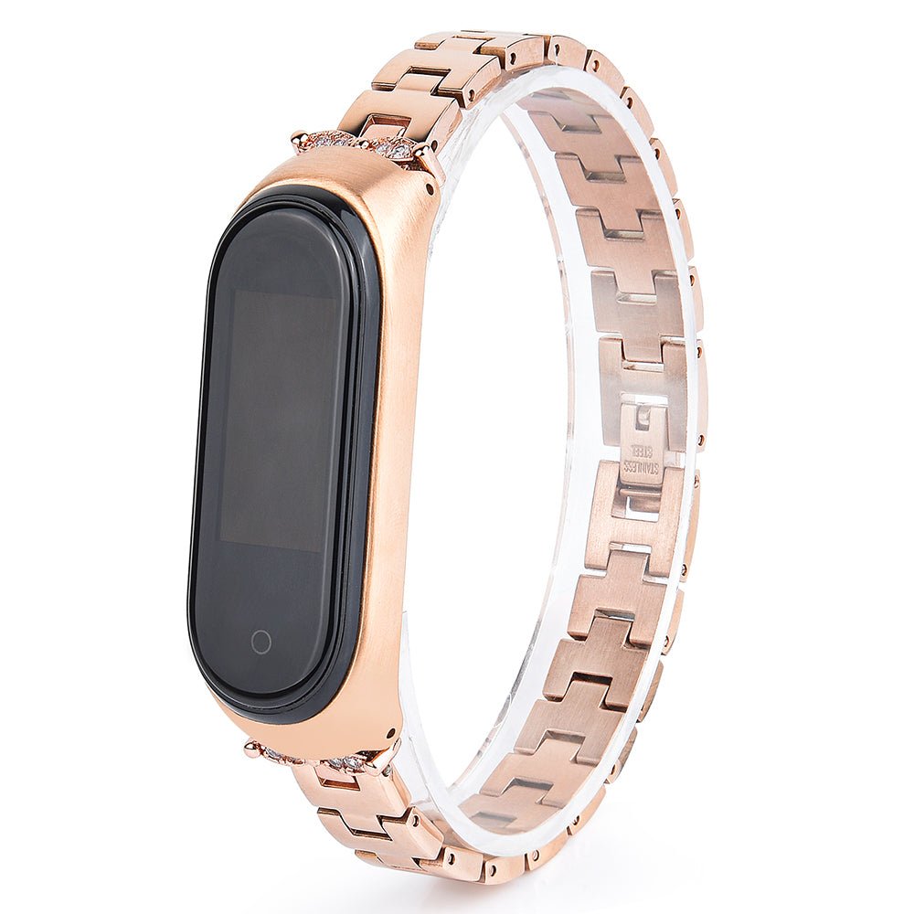 For Xiaomi Mi Band 3/4 Bling Rhinestone Decorative Smart Watch Stainless Steel Chain Watch Strap Metal Watchband - Gold