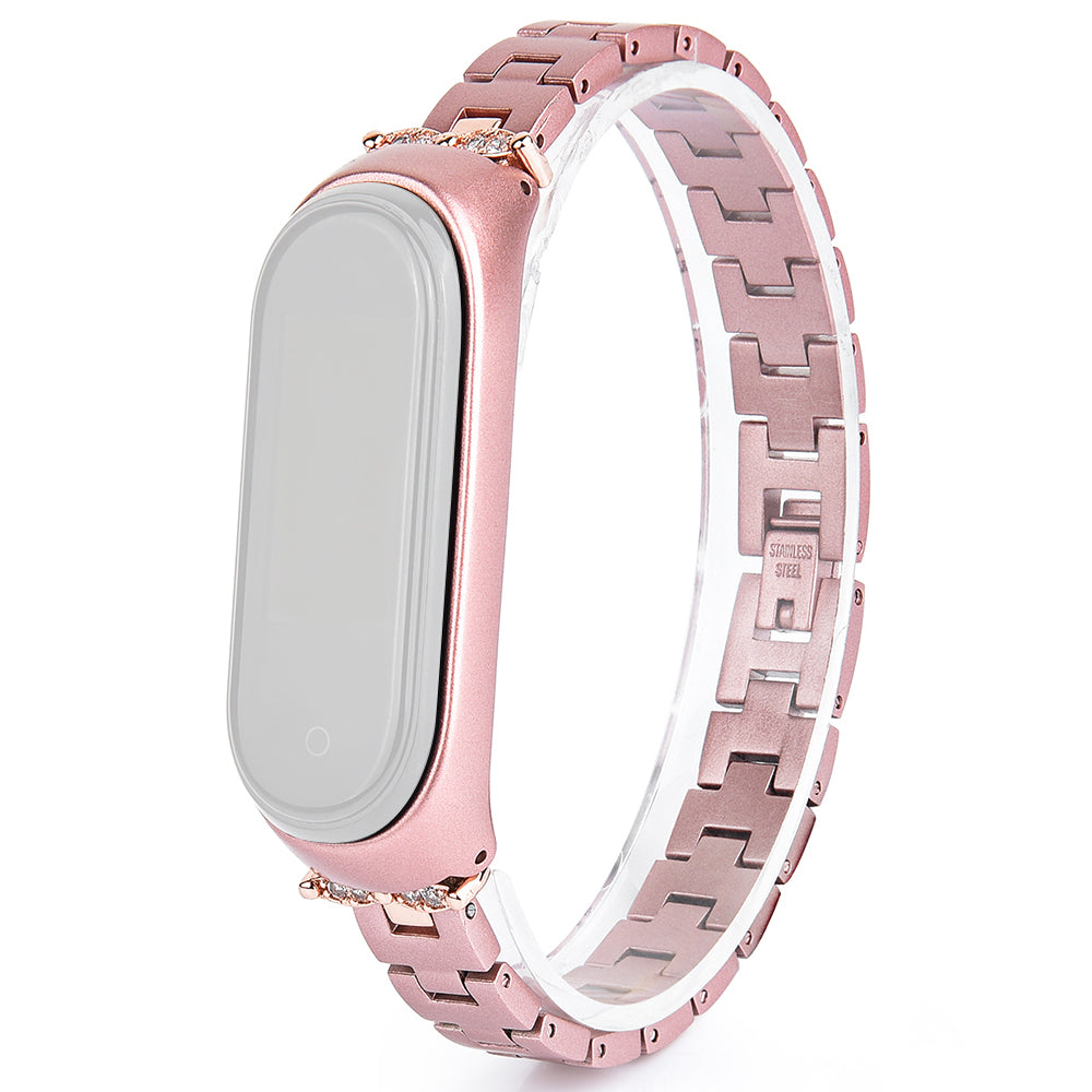 For Xiaomi Mi Band 3/4 Bling Rhinestone Decorative Smart Watch Stainless Steel Chain Watch Strap Metal Watchband - Rose Gold