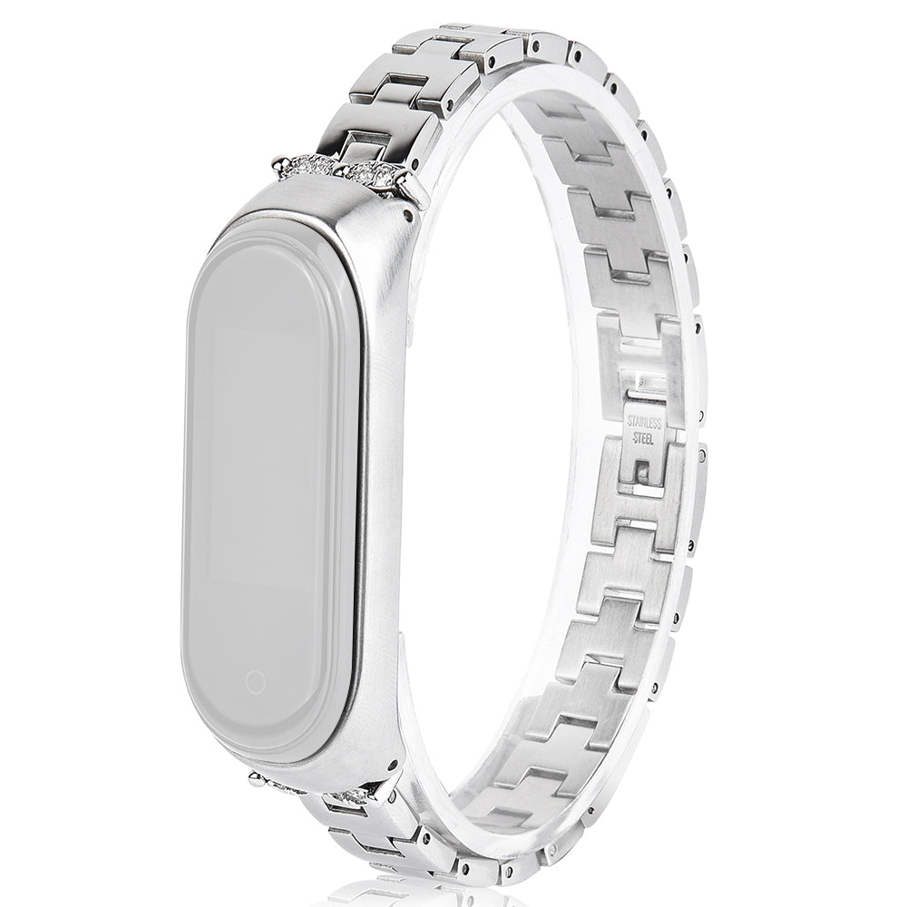 For Xiaomi Mi Band 3/4 Bling Rhinestone Decorative Smart Watch Stainless Steel Chain Watch Strap Metal Watchband - Silver