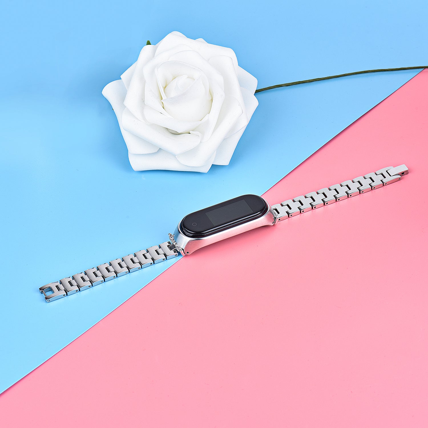 For Xiaomi Mi Band 3/4 Bling Rhinestone Decorative Smart Watch Stainless Steel Chain Watch Strap Metal Watchband - Silver
