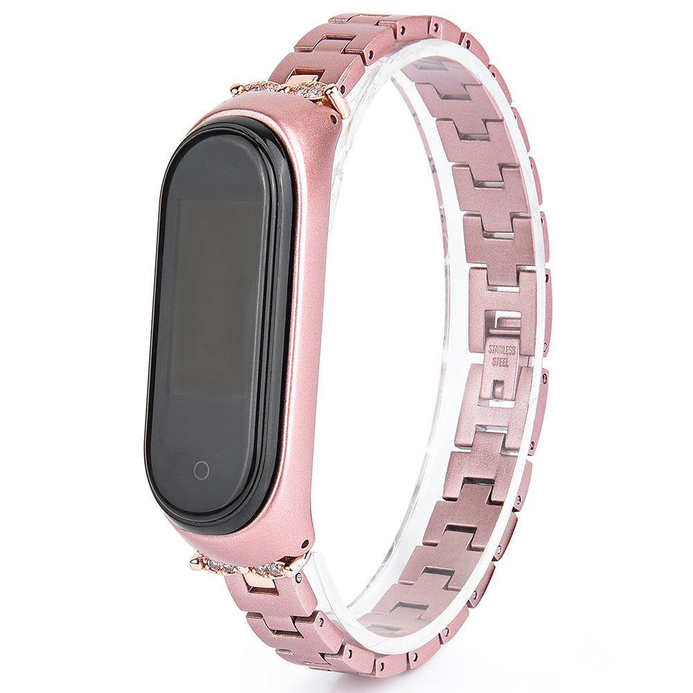 Stainless Steel Chain Watch Strap for Xiaomi Mi Band 5/6 Smart Watch Metal Watchband with Rhinestone Decor - Rose Gold