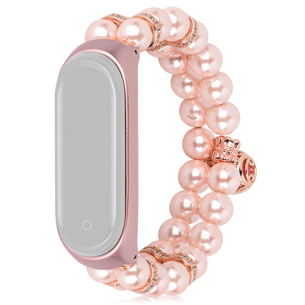 For Xiaomi Mi Band 5/6 Double Rows Faux Pearl Bracelet Wrist Strap Smart Watch Band with Metal Ball Decor - Pink