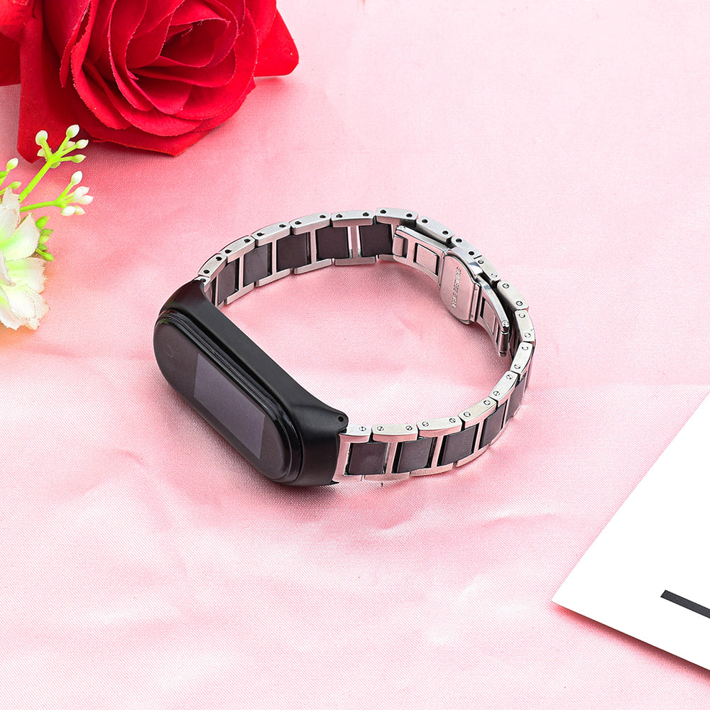 For Xiaomi Mi Band 3/Mi Band 4 Stylish Ceramics+Stainless Steel Watch Band Wrist Strap - Three Beads Black