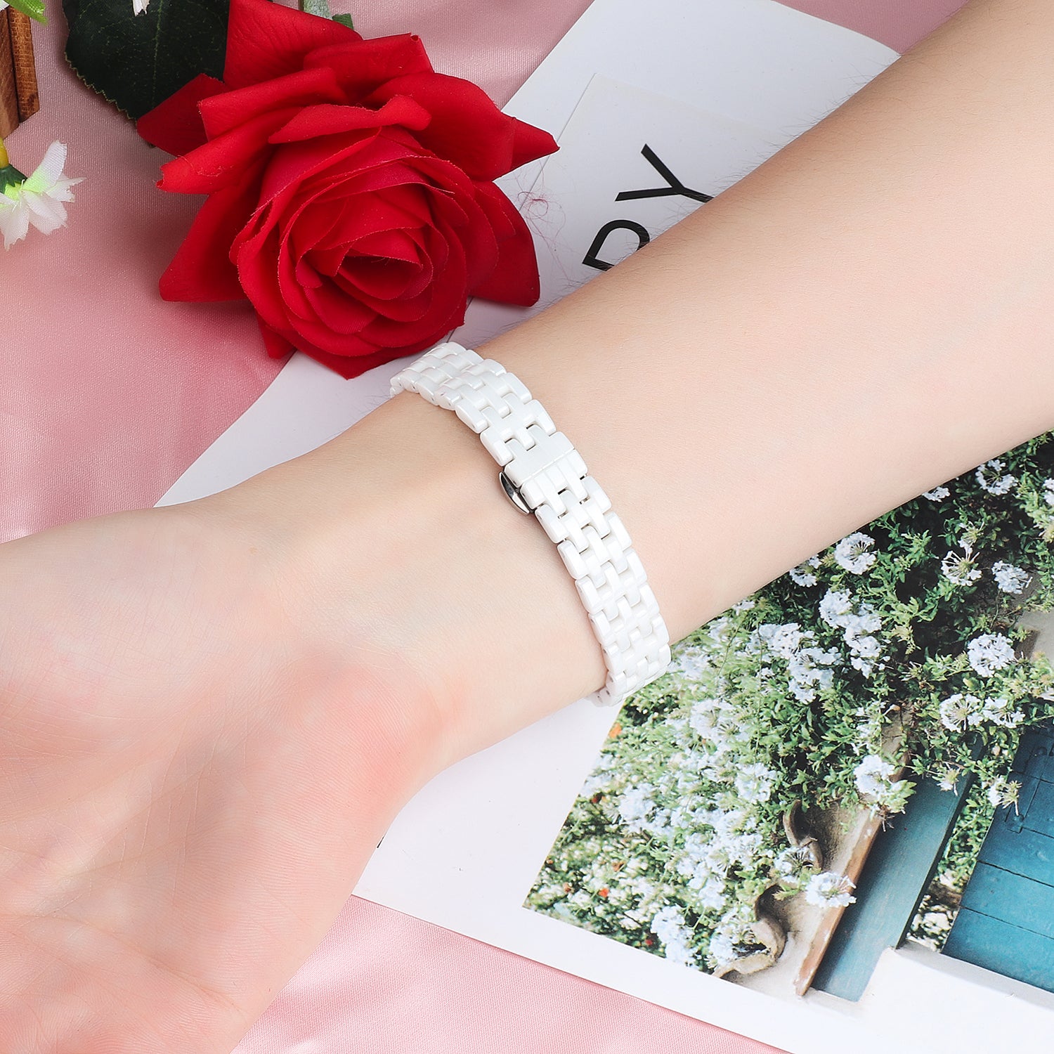 For Xiaomi Mi Band 3/Mi Band 4 Stylish Ceramics+Stainless Steel Watch Band Wrist Strap - Five Beads White