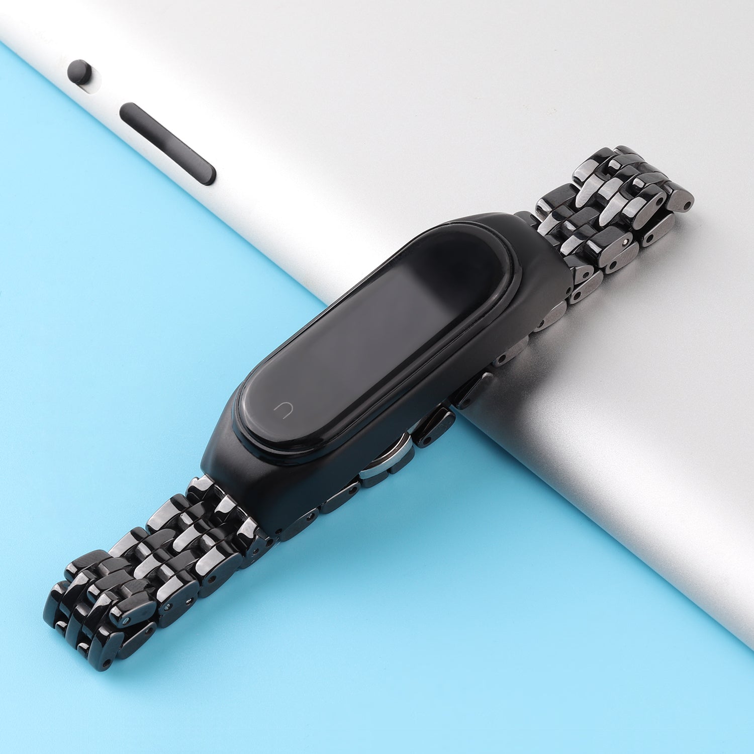 For Xiaomi Mi Band 5/Mi Band 6 Ceramics+Stainless Steel Watch Strap Replacement Watch Band - Five Beads Black