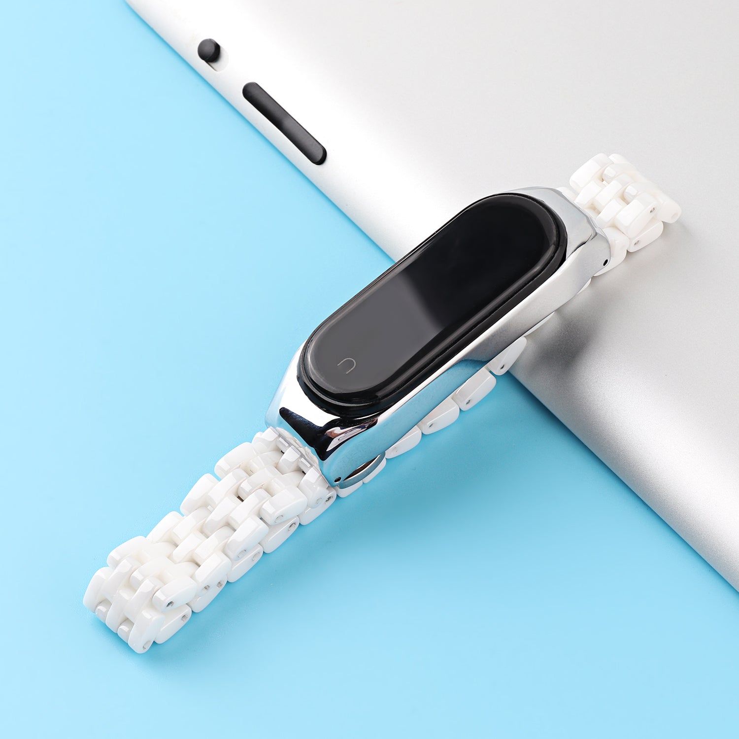 For Xiaomi Mi Band 5/Mi Band 6 Ceramics+Stainless Steel Watch Strap Replacement Watch Band - Five Beads White
