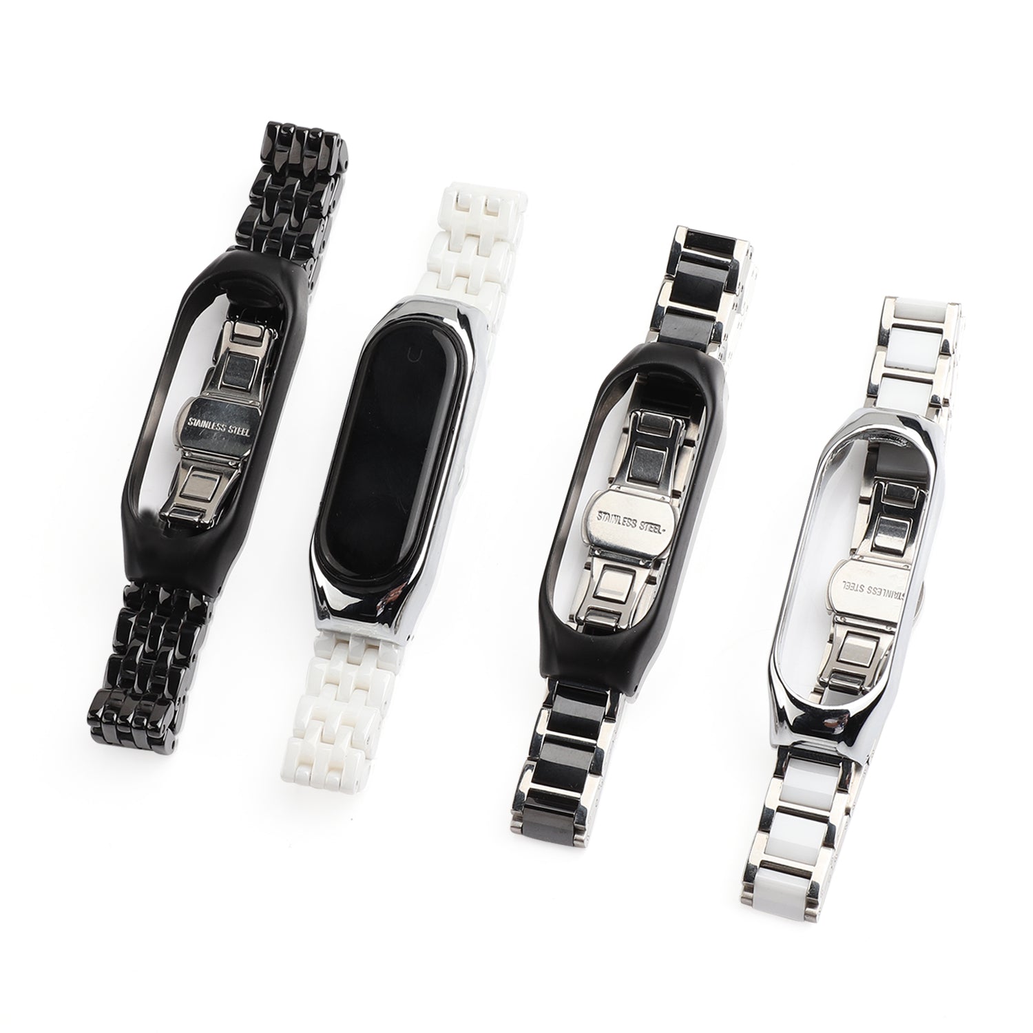 For Xiaomi Mi Band 5/Mi Band 6 Ceramics+Stainless Steel Watch Strap Replacement Watch Band - Three Beads Black