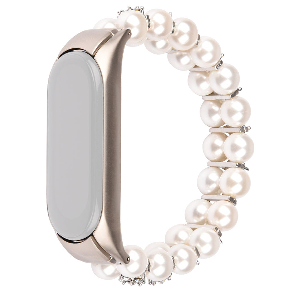 For Xiaomi Mi Band 3/4 Watch Strap Two Rows Faux Pearl Rhinestone Decorated Wrist Strap Smart Watch Band Bracelet - White