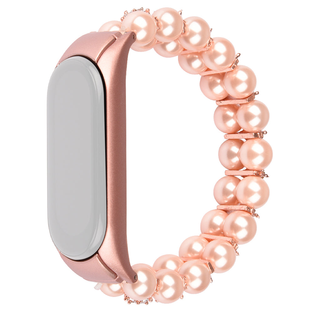 For Xiaomi Mi Band 3/4 Watch Strap Two Rows Faux Pearl Rhinestone Decorated Wrist Strap Smart Watch Band Bracelet - Pink