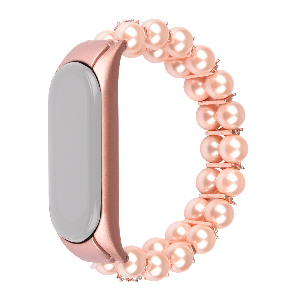For Xiaomi Mi Band 5/Mi Band 6 Two Rows Faux Pearl Rhinestone Decor Wrist Strap Smart Watch Band Bracelet - Pink