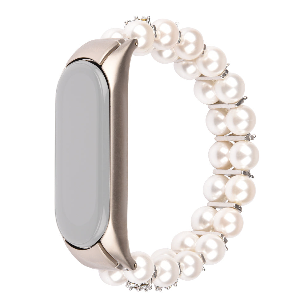 For Xiaomi Mi Band 5/Mi Band 6 Two Rows Faux Pearl Rhinestone Decor Wrist Strap Smart Watch Band Bracelet - White