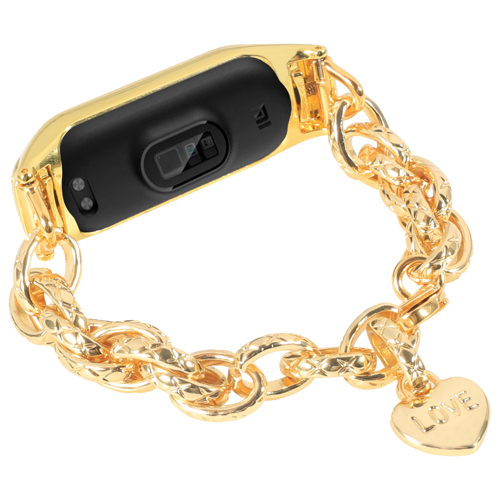 For Xiaomi Mi Band 4/3 Smart Watch Replacement Strap Stainless Steel Chain Wrist Band with Love Heart Pendant - Gold