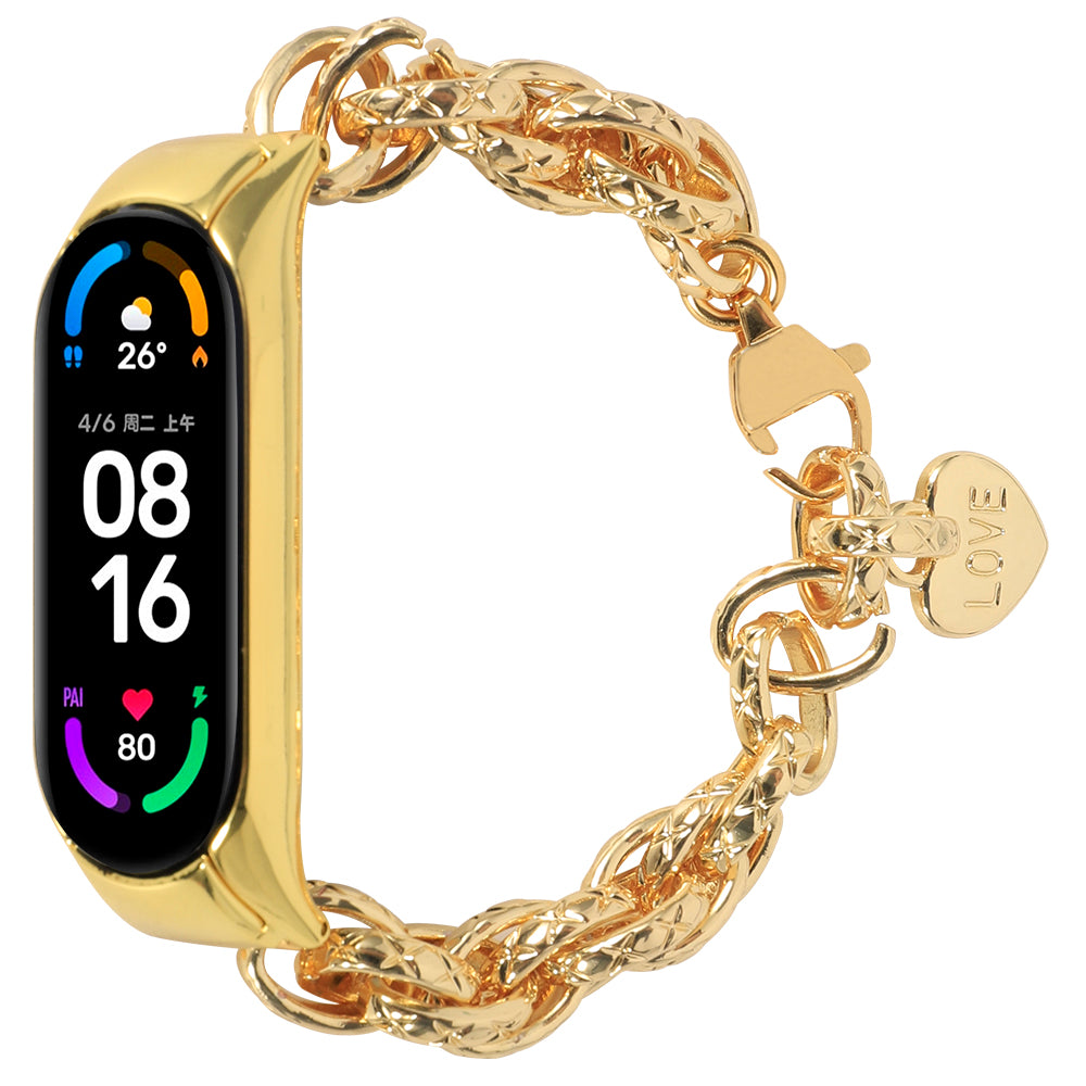 For Xiaomi Mi Band 4/3 Smart Watch Replacement Strap Stainless Steel Chain Wrist Band with Love Heart Pendant - Gold