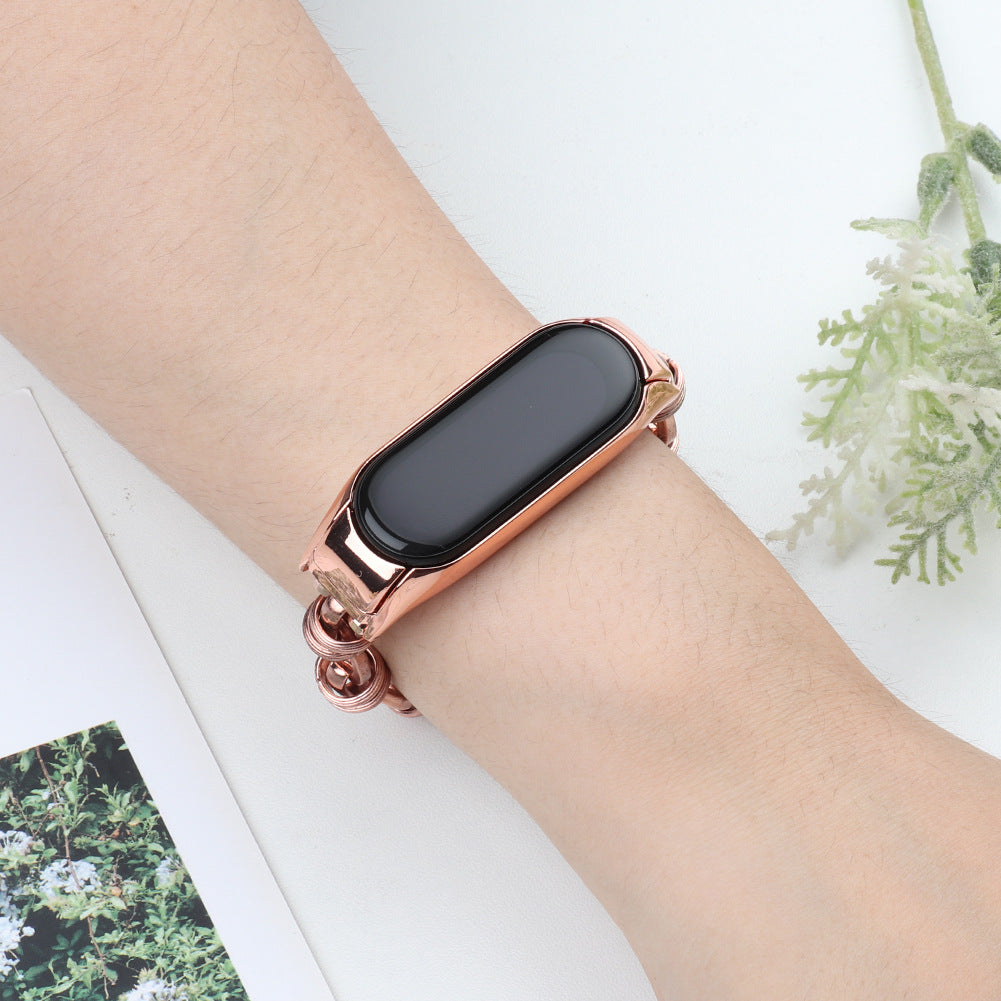 For Xiaomi Mi Band 3/4 Watch Strap Stainless Steel Watch Band with Thread Design for Girls - Rose Gold