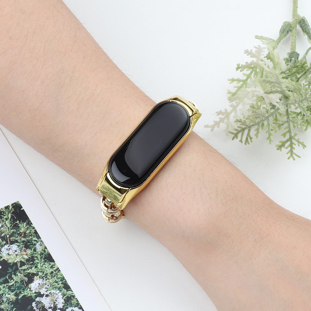 For Xiaomi Mi Band 3/4 Watch Strap Stainless Steel Watch Band with Thread Design for Girls - Gold