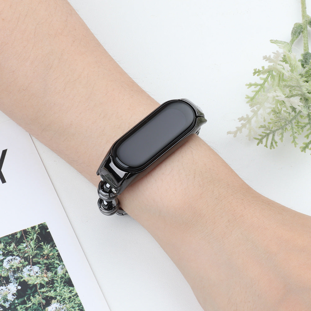 For Xiaomi Mi Band 3/4 Watch Strap Stainless Steel Watch Band with Thread Design for Girls - Black