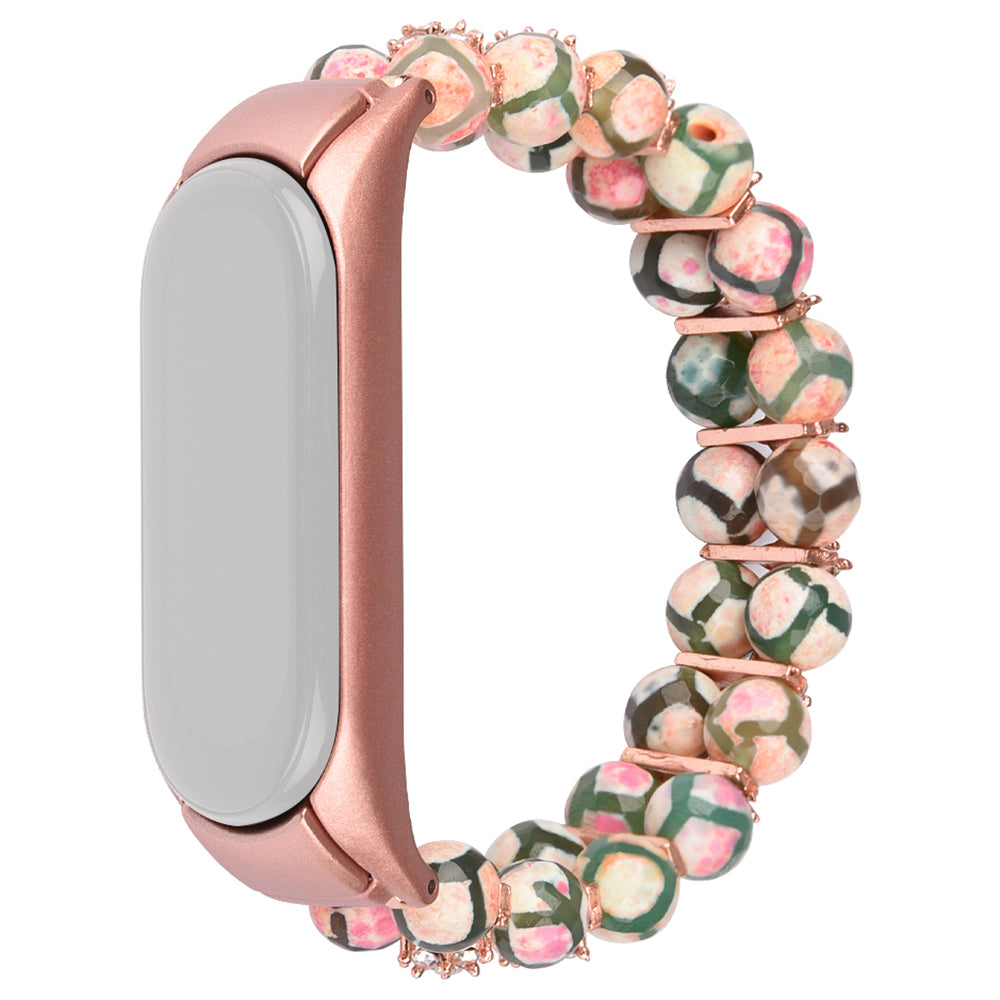 For Xiaomi Mi Band 5/6 Dragon Vein Agate Beads Bracelet Watch Band Replacement Wrist Strap - Light Pink