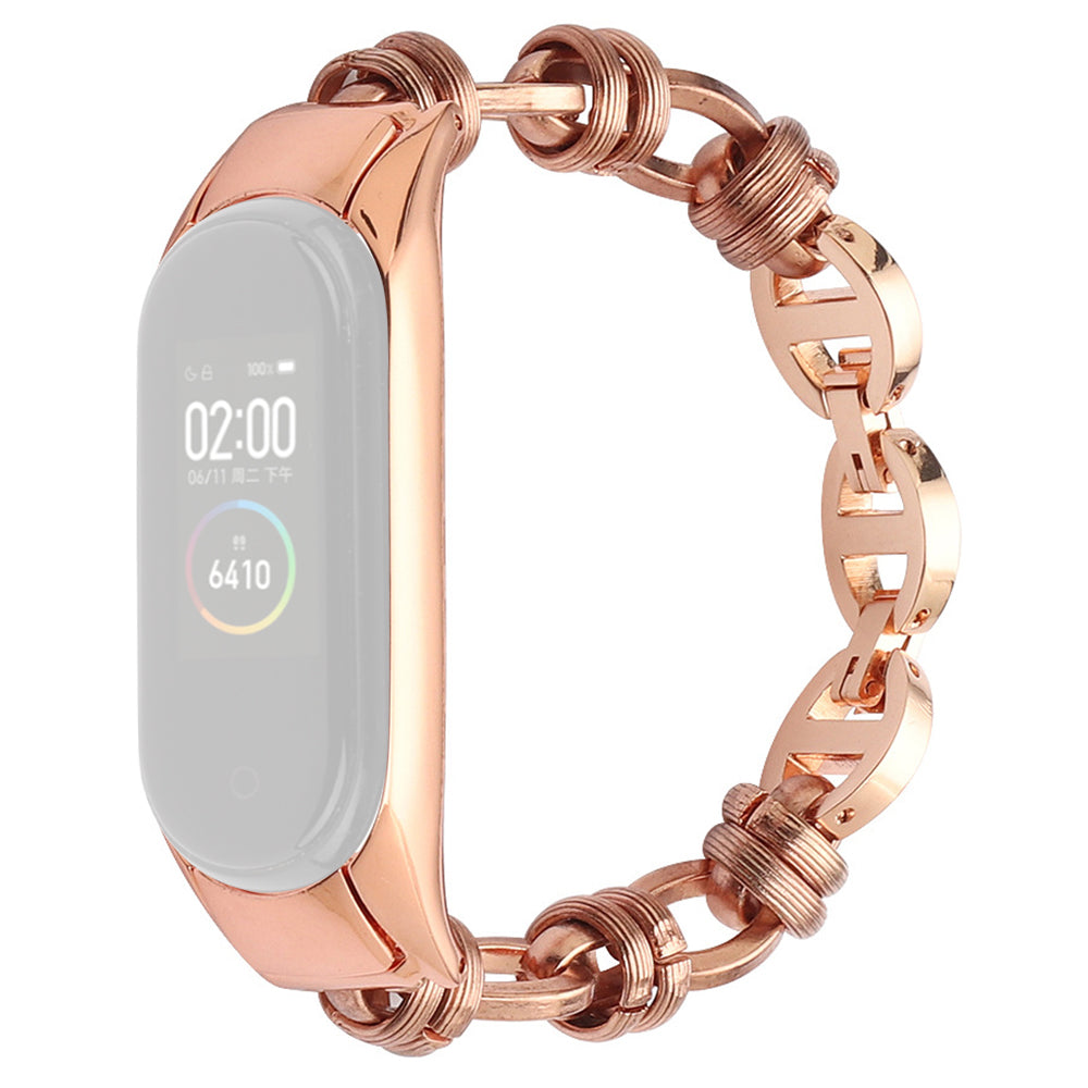 For Xiaomi Mi Band 5/6 Punk Stainless Steel Watch Band with Thread Design Replacement Watch Strap - Rose Gold