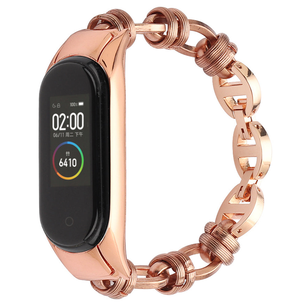 For Xiaomi Mi Band 5/6 Punk Stainless Steel Watch Band with Thread Design Replacement Watch Strap - Rose Gold