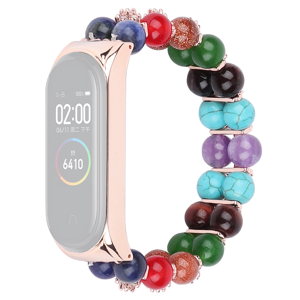 For Xiaomi Mi Band 5/6 Colorful Stone Watch Strap Two Rows Beads Decorated Wrist Strap Smart Watch Band Bracelet - Colorful