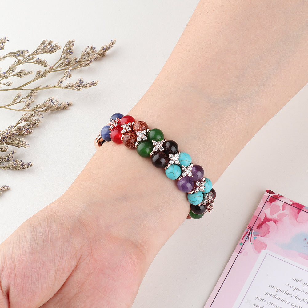 For Xiaomi Mi Band 5/6 Colorful Stone Watch Strap Two Rows Beads Decorated Wrist Strap Smart Watch Band Bracelet - Colorful