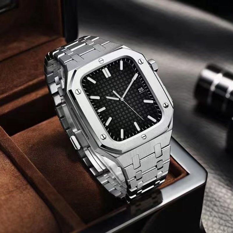 a black and white photo of a car and a clock 