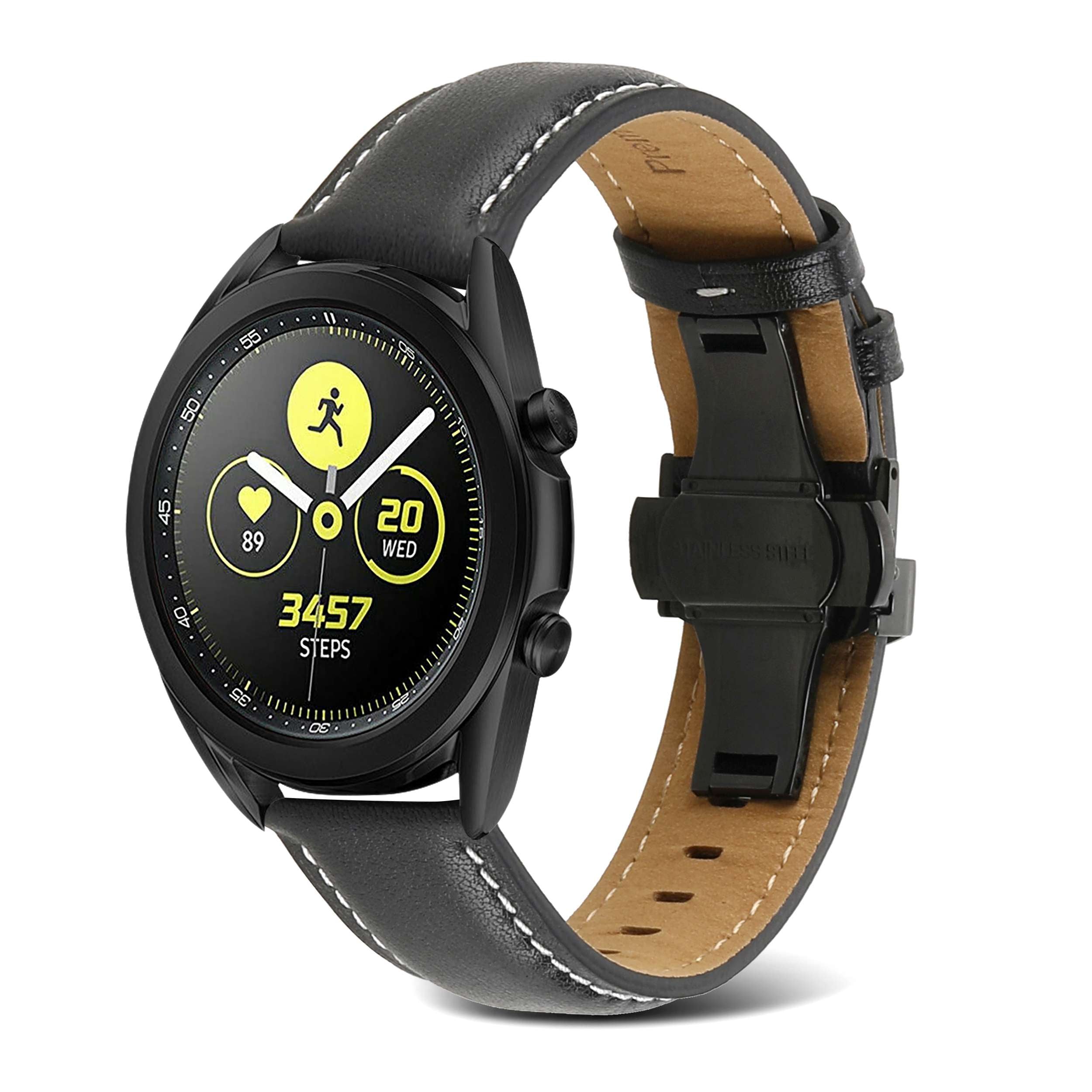 For Samsung Galaxy Watch4 40mm/44mm/Garmin Venu 2 Plus 20mm Replacement Genuine Leather Watch Strap Stitching Line Wrist Band - Black