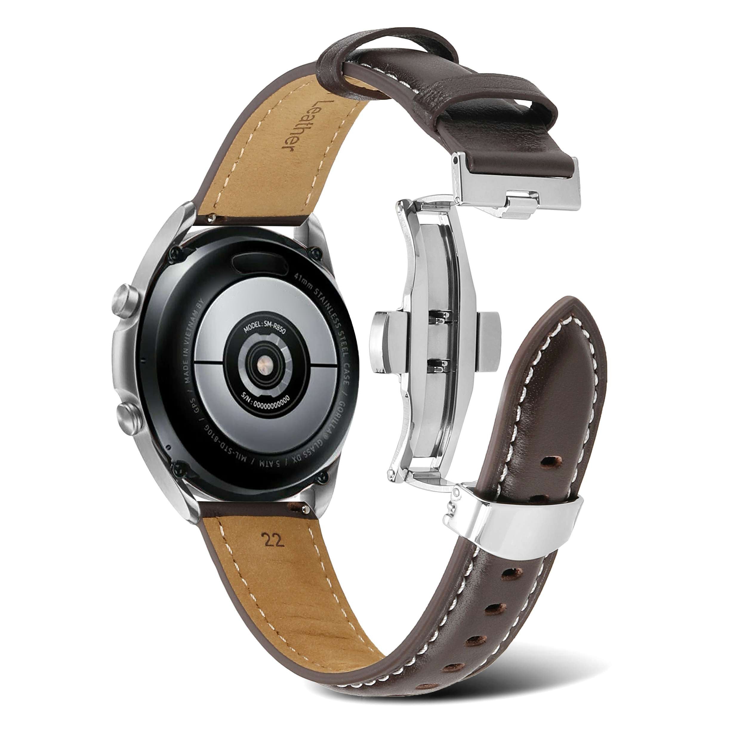 For Samsung Galaxy Watch4 40mm/44mm/Garmin Venu 2 Plus 20mm Replacement Genuine Leather Watch Strap Stitching Line Wrist Band - Coffee