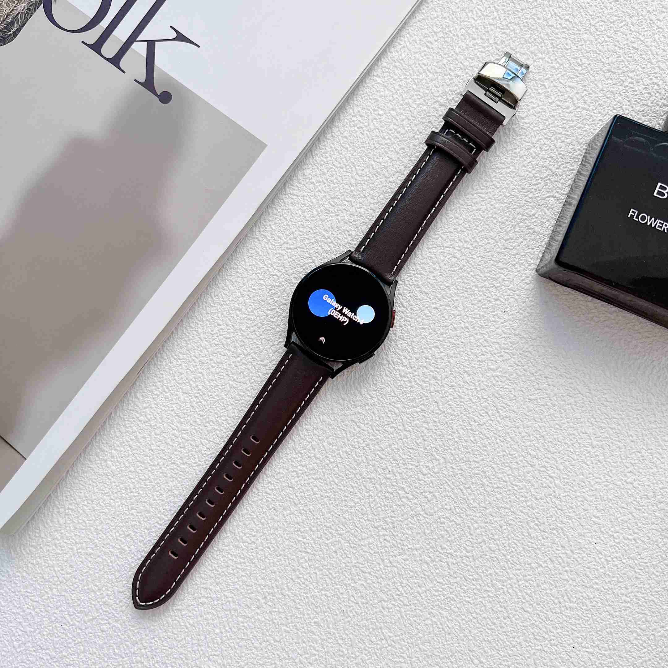 For Samsung Galaxy Watch4 40mm/44mm/Garmin Venu 2 Plus 20mm Replacement Genuine Leather Watch Strap Stitching Line Wrist Band - Coffee