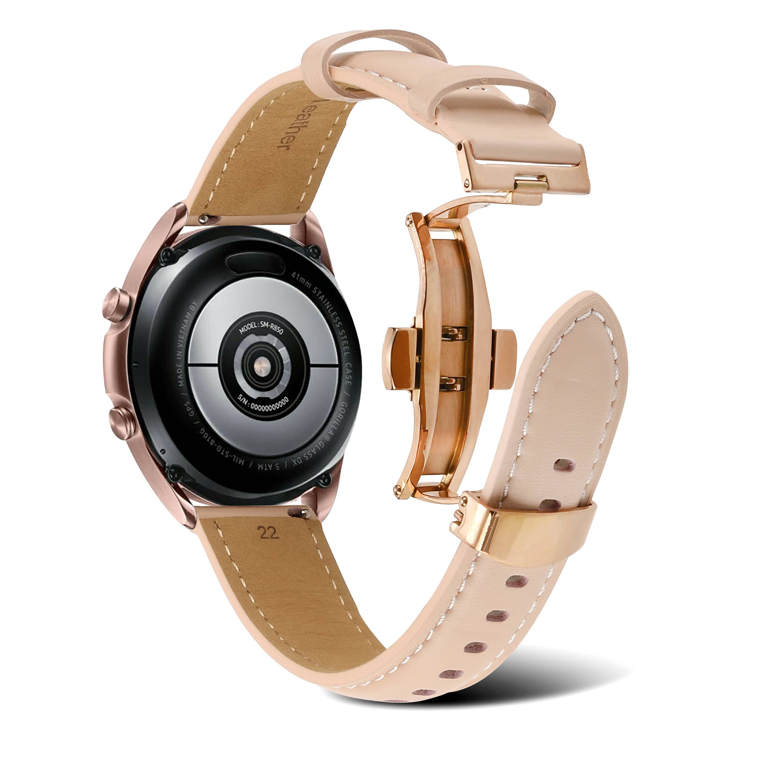 For Samsung Galaxy Watch4 40mm/44mm/Garmin Venu 2 Plus 20mm Replacement Genuine Leather Watch Strap Stitching Line Wrist Band - Light Pink