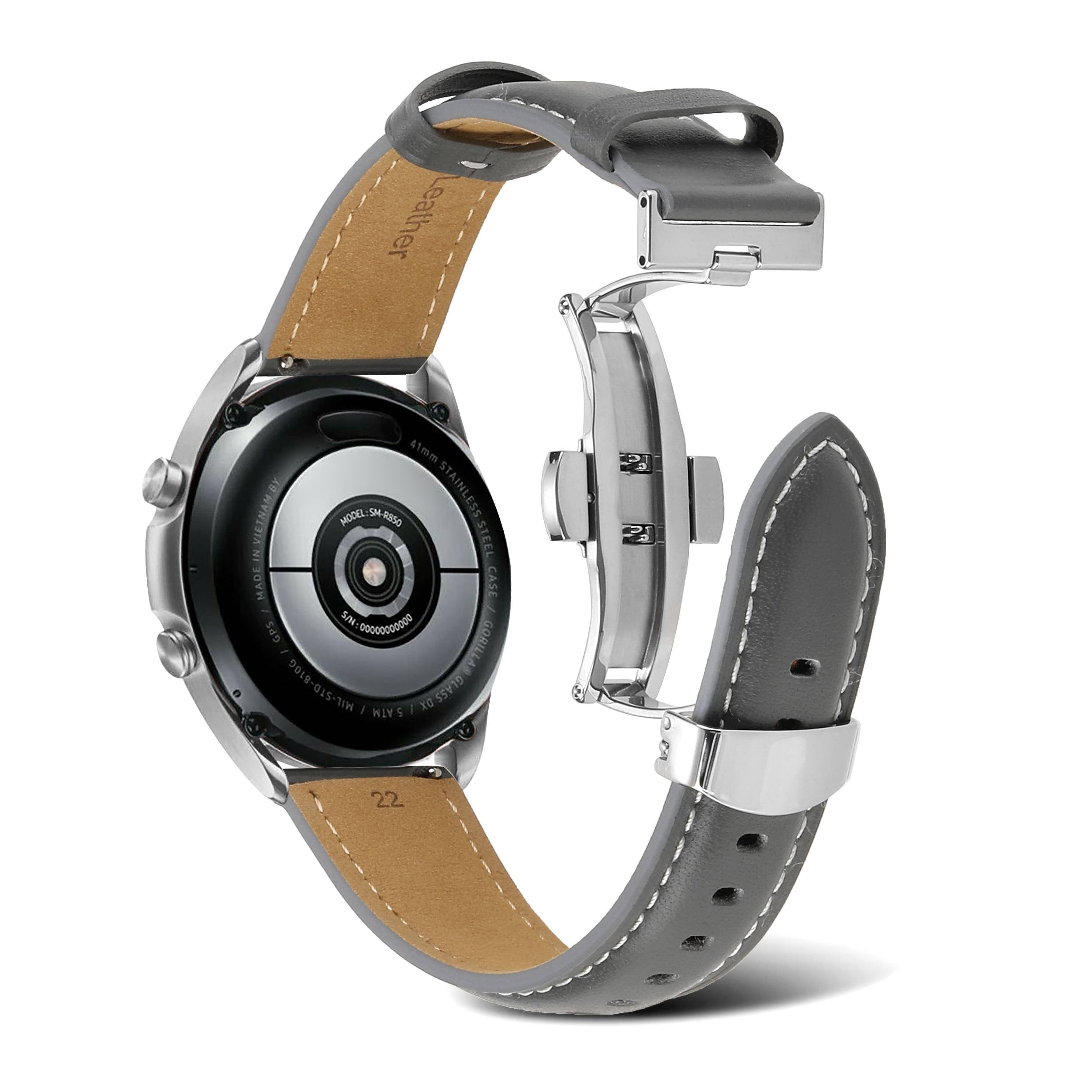 For Samsung Galaxy Watch4 40mm/44mm/Garmin Venu 2 Plus 20mm Replacement Genuine Leather Watch Strap Stitching Line Wrist Band - Light Grey