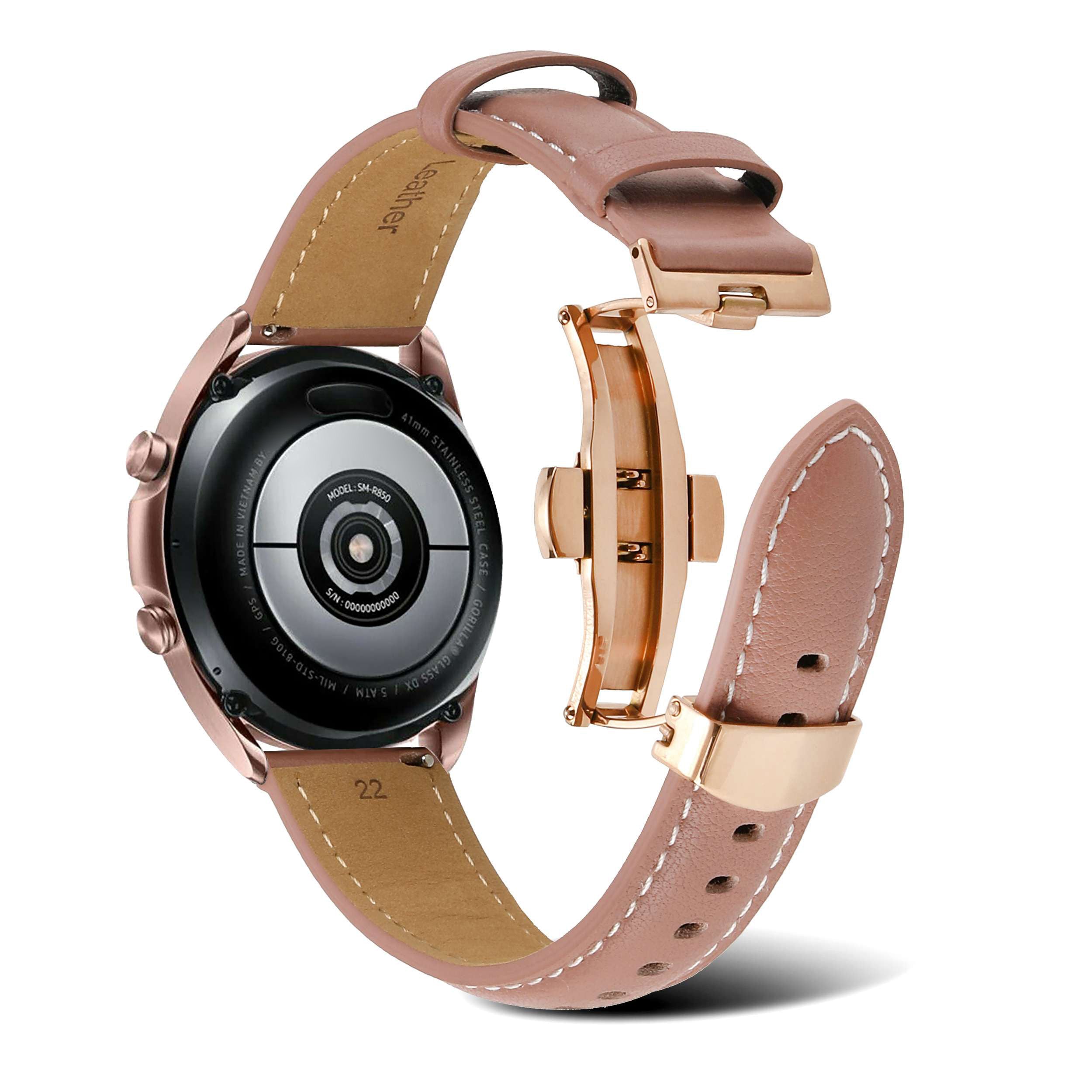 For Samsung Galaxy Watch4 40mm/44mm/Garmin Venu 2 Plus 20mm Replacement Genuine Leather Watch Strap Stitching Line Wrist Band - Deep Pink