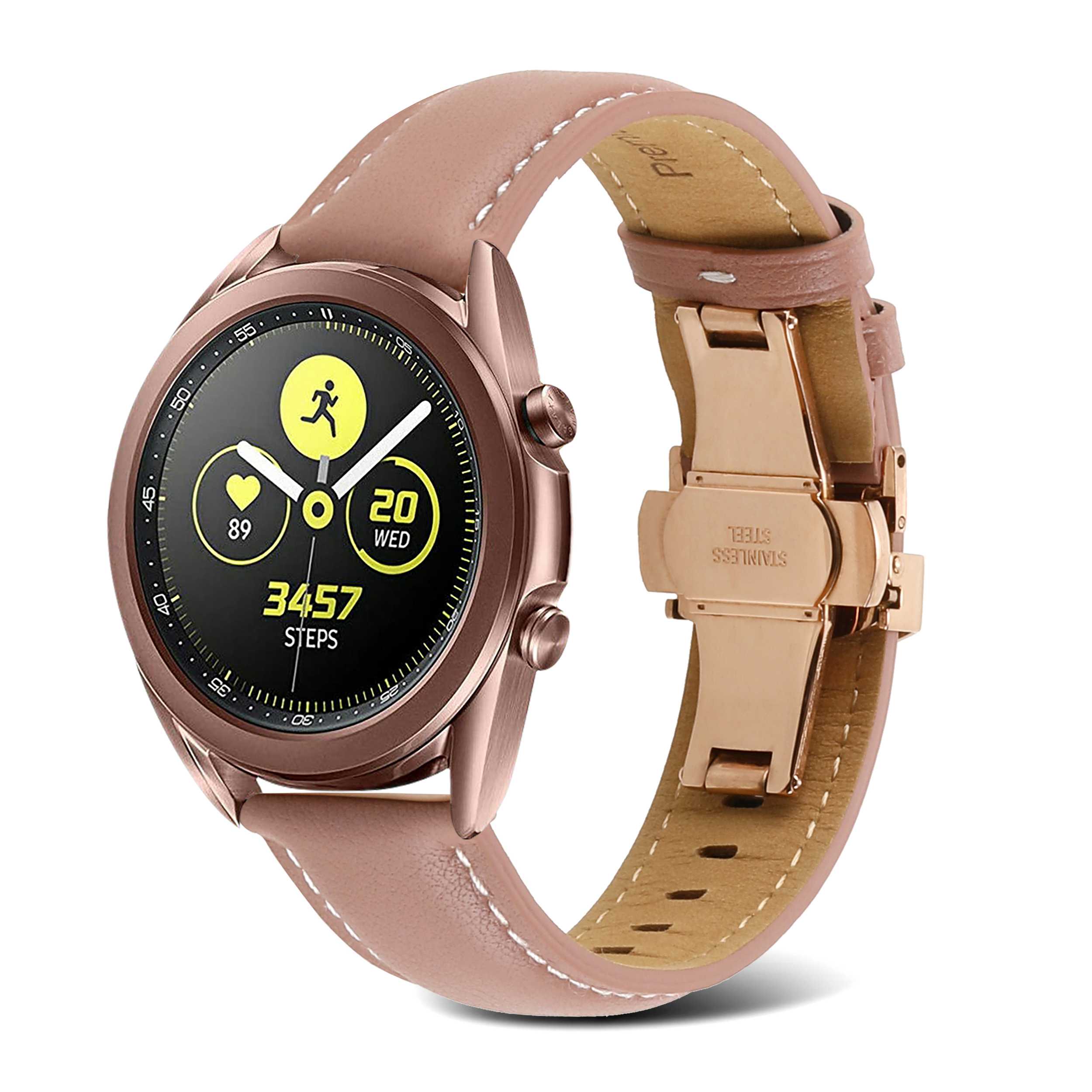 For Samsung Galaxy Watch4 40mm/44mm/Garmin Venu 2 Plus 20mm Replacement Genuine Leather Watch Strap Stitching Line Wrist Band - Deep Pink