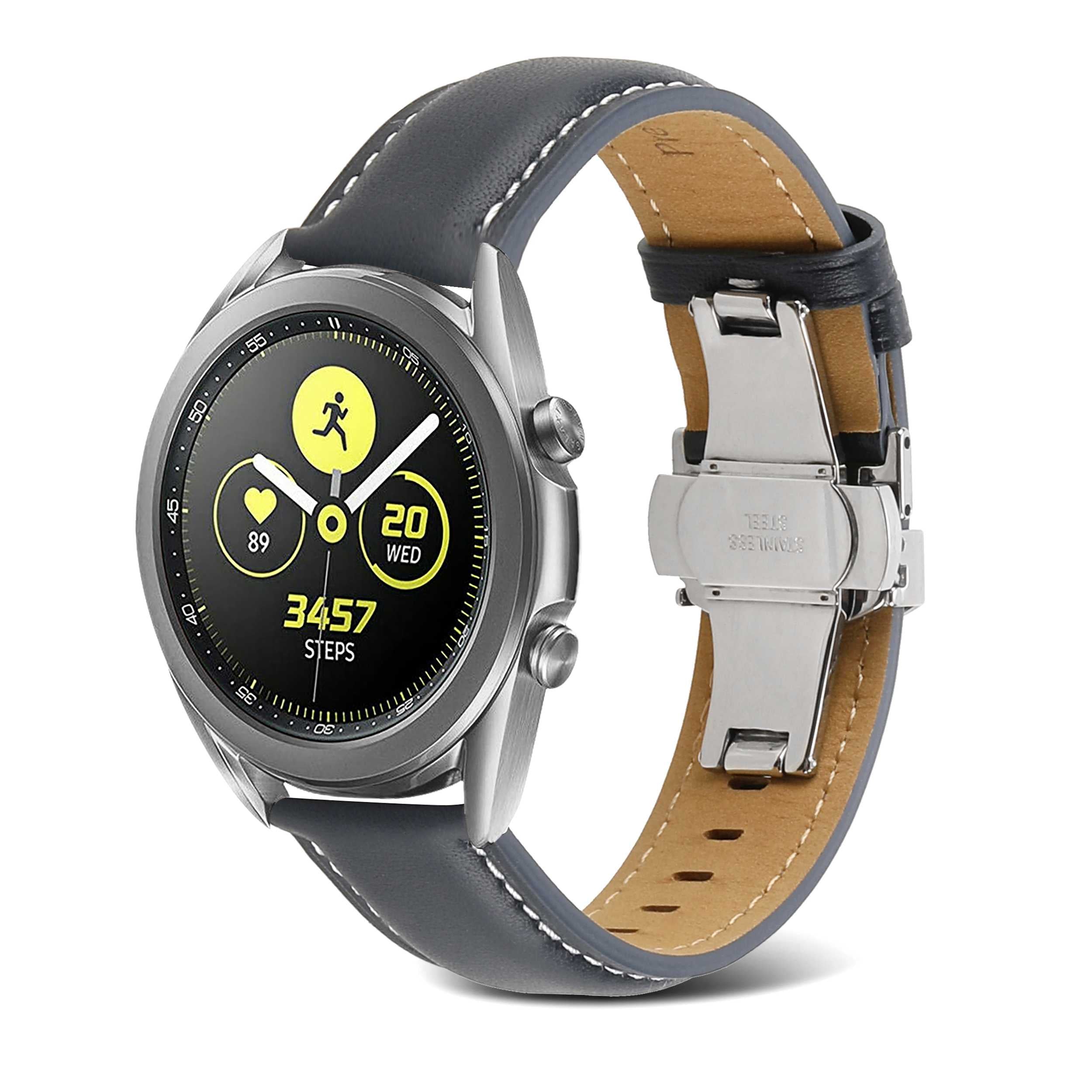 For Samsung Galaxy Watch4 40mm/44mm/Garmin Venu 2 Plus 20mm Replacement Genuine Leather Watch Strap Stitching Line Wrist Band - Dark Grey
