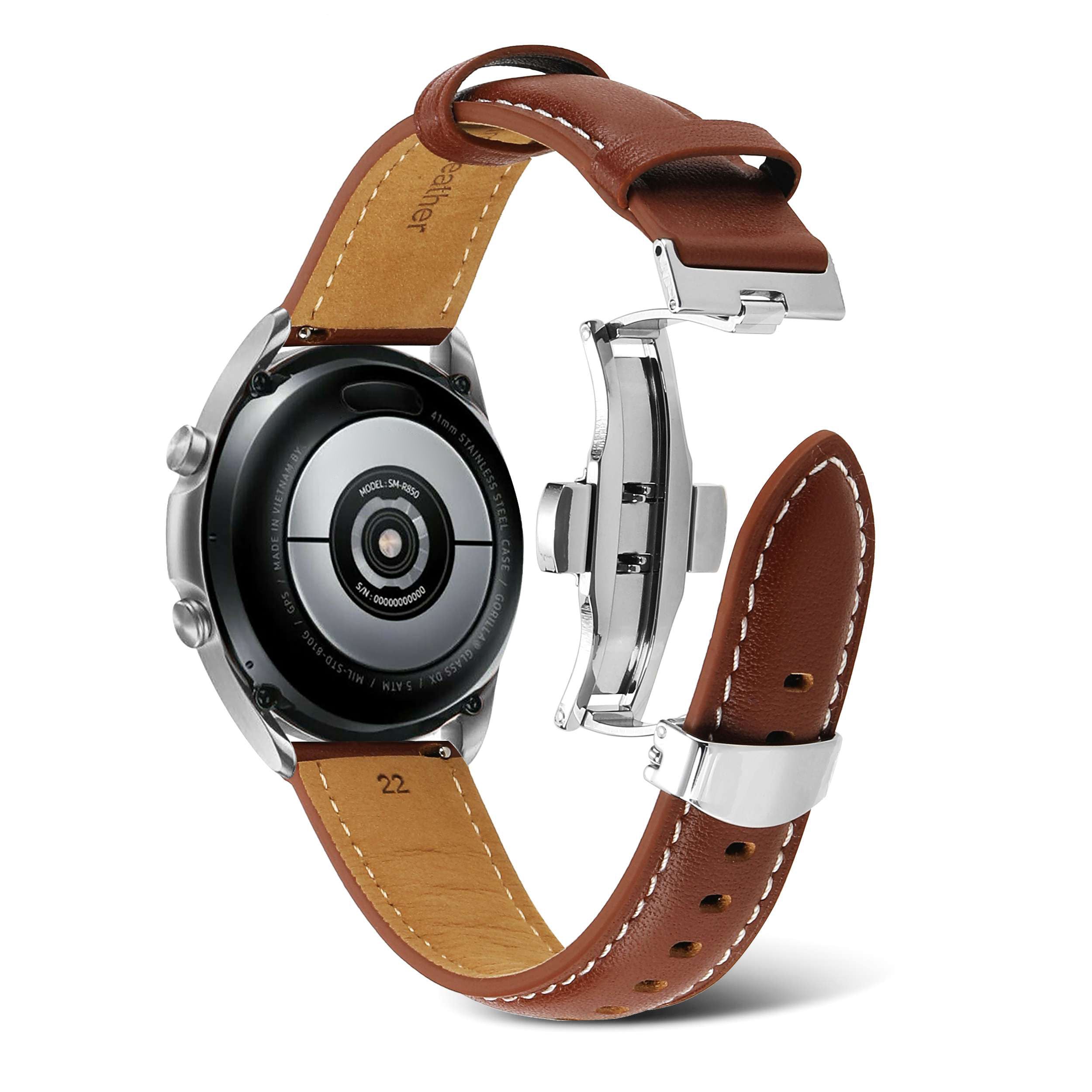 For Samsung Galaxy Watch4 40mm/44mm/Garmin Venu 2 Plus 20mm Replacement Genuine Leather Watch Strap Stitching Line Wrist Band - Brown
