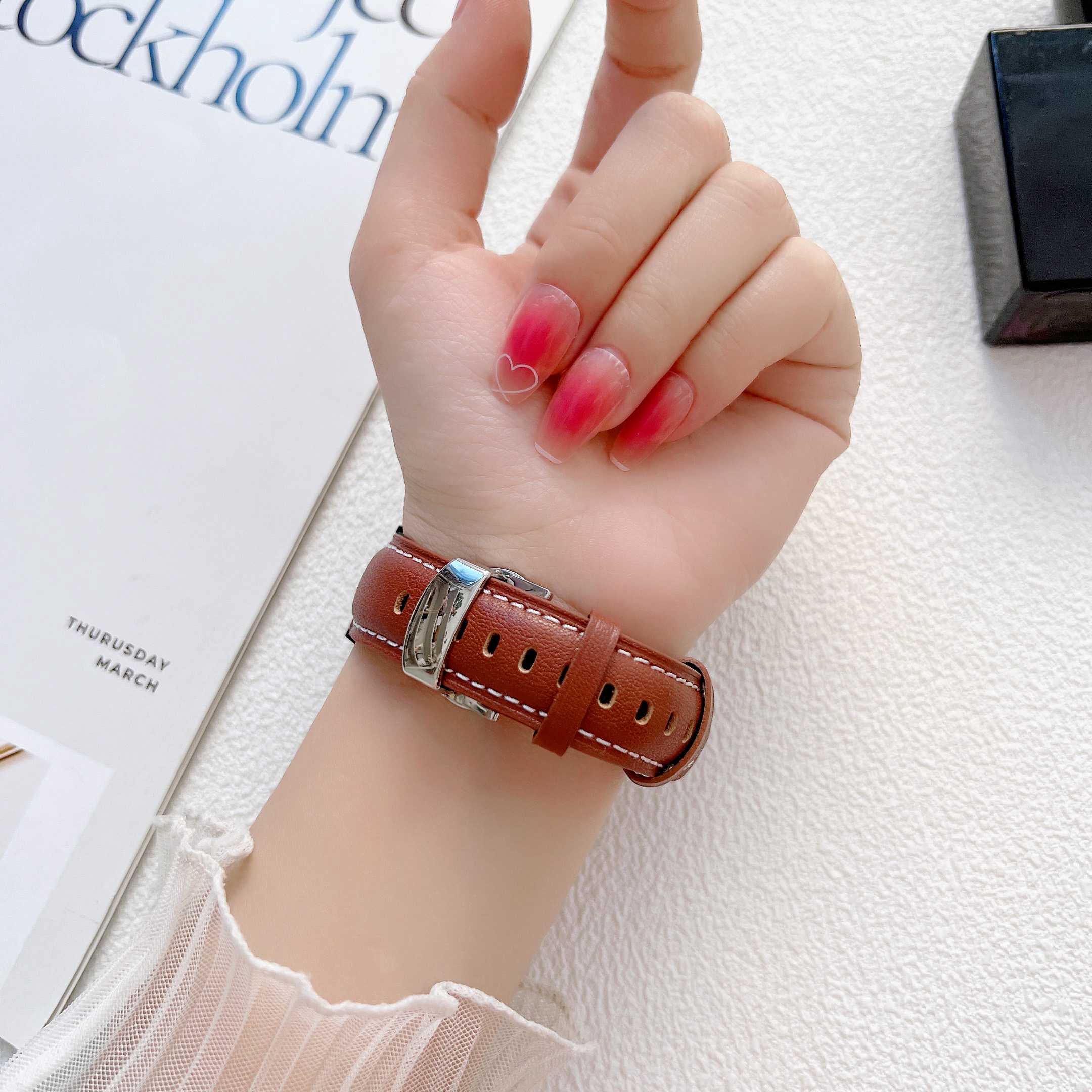 For Samsung Galaxy Watch4 40mm/44mm/Garmin Venu 2 Plus 20mm Replacement Genuine Leather Watch Strap Stitching Line Wrist Band - Brown