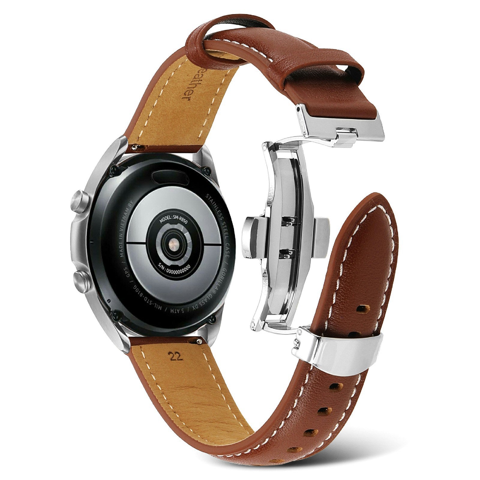For Huawei Watch GT 3 Pro 46mm/Garmin Venu 2 22mm Stitching Line Genuine Leather Watch Band Strap Replacement - Brown