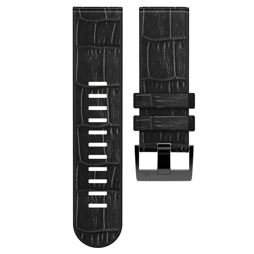 For Garmin Fenix 7X/6X Pro/Tactix 7 26mm Crocodile Texture Leather Coated Silicone Watchband Wrist Strap Replacement - Black