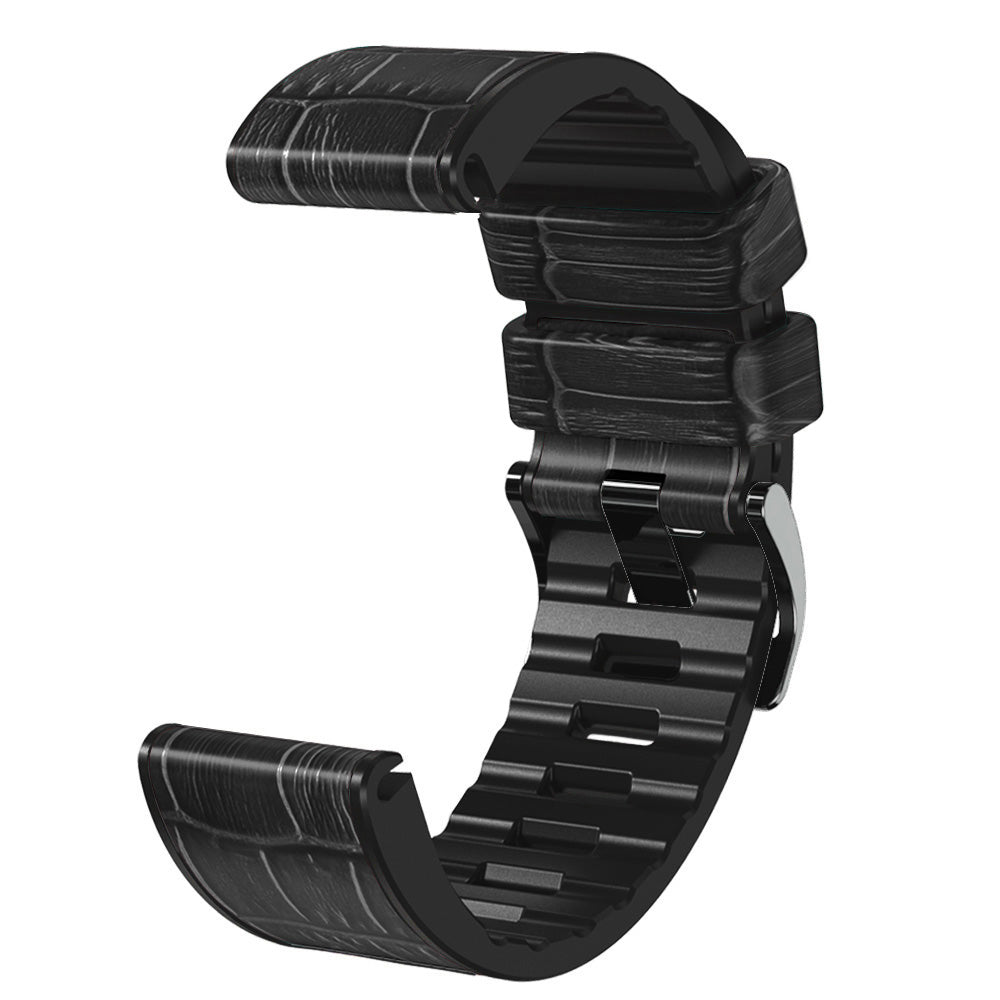 For Garmin Fenix 7X/6X Pro/Tactix 7 26mm Crocodile Texture Leather Coated Silicone Watchband Wrist Strap Replacement - Black