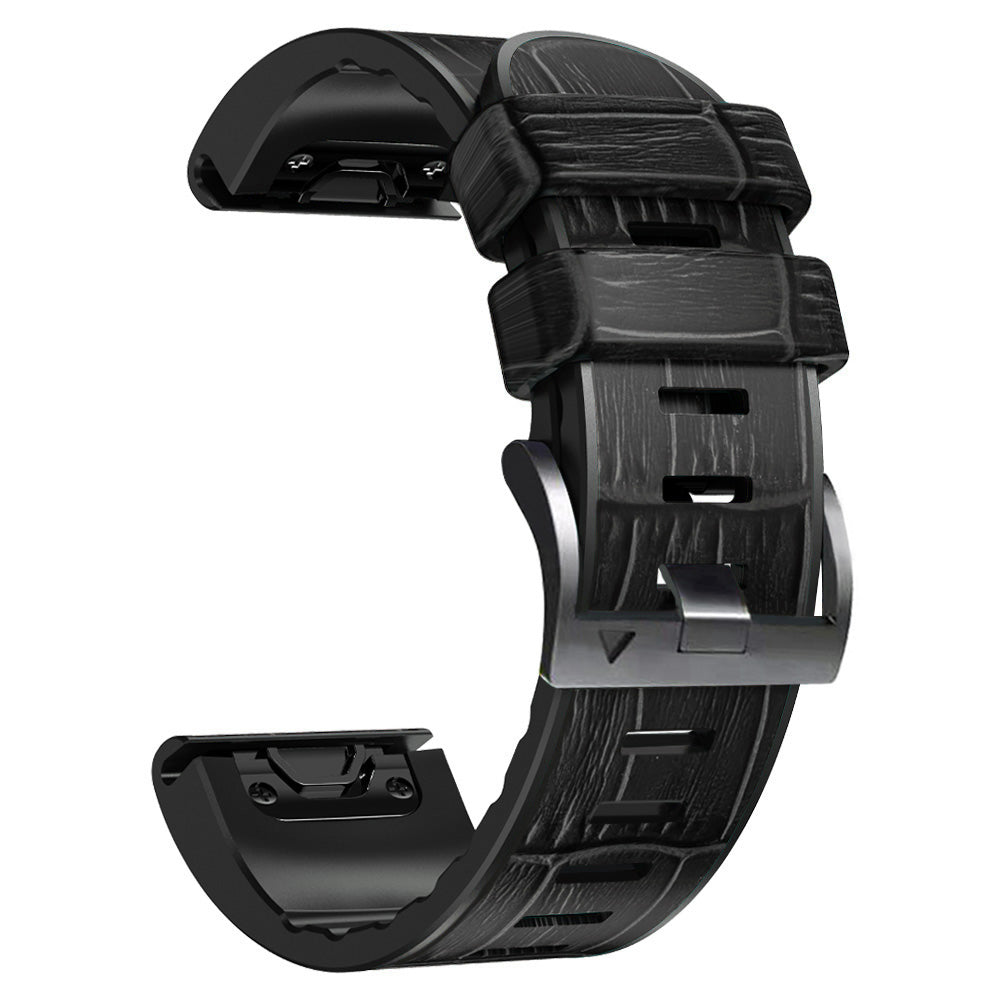 For Garmin Fenix 7X/6X Pro/Tactix 7 26mm Crocodile Texture Leather Coated Silicone Watchband Wrist Strap Replacement - Black