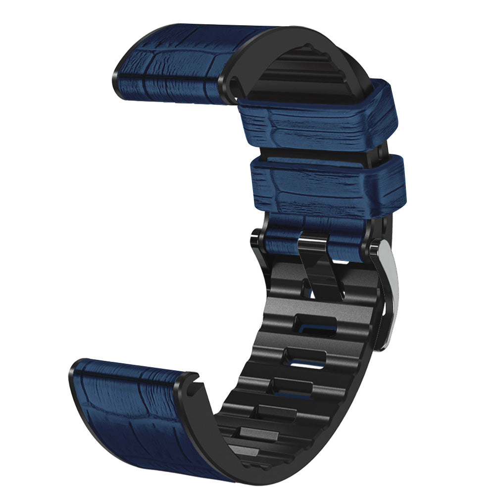 For Garmin Fenix 7X/6X Pro/Tactix 7 26mm Crocodile Texture Leather Coated Silicone Watchband Wrist Strap Replacement - Midnight Blue