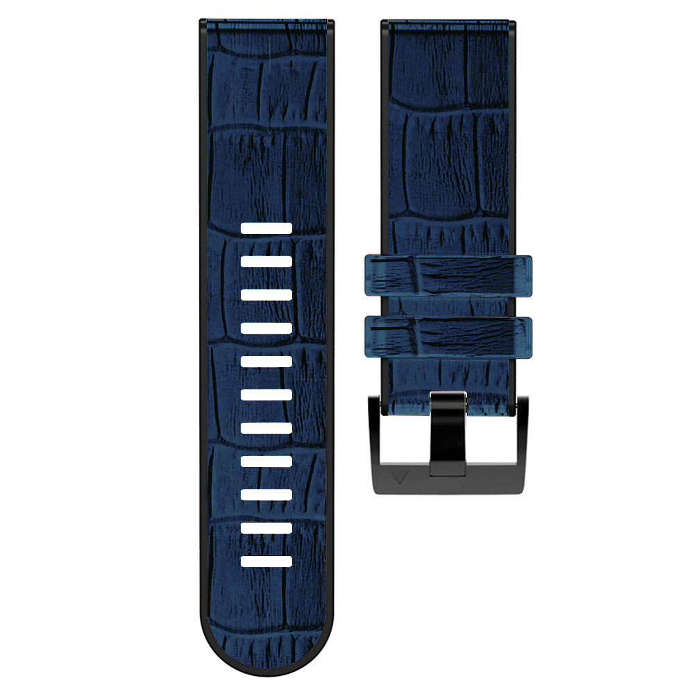 For Garmin Fenix 7X/6X Pro/Tactix 7 26mm Crocodile Texture Leather Coated Silicone Watchband Wrist Strap Replacement - Midnight Blue