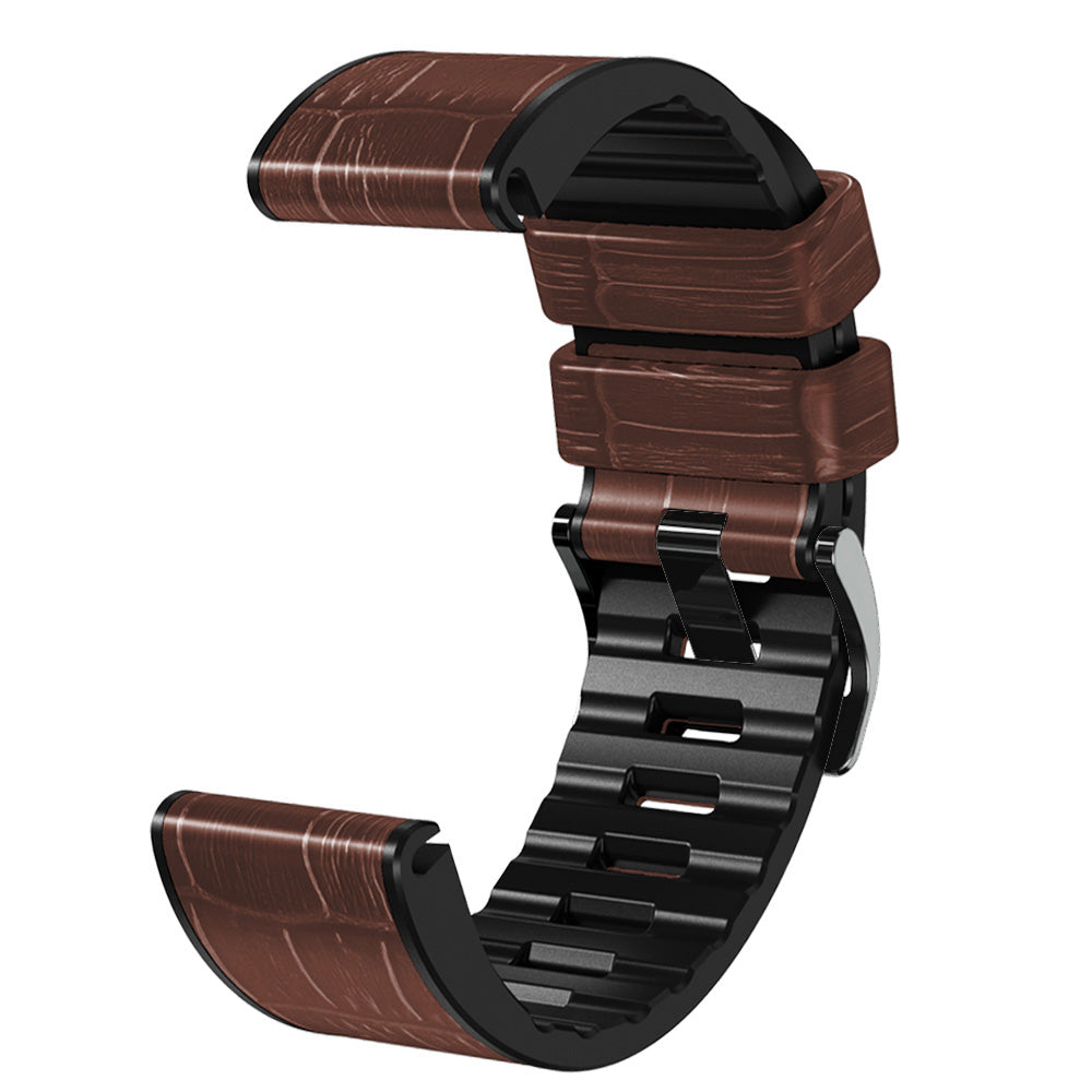 For Garmin Fenix 7/6 Pro/5 Plus Replacement Watch Strap 22mm Crocodile Texture Leather Coated Silicone Wrist Band - Coffee