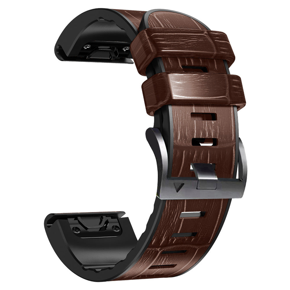 For Garmin Fenix 7/6 Pro/5 Plus Replacement Watch Strap 22mm Crocodile Texture Leather Coated Silicone Wrist Band - Coffee