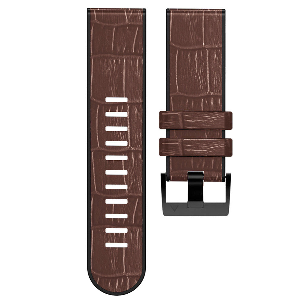 For Garmin Fenix 7/6 Pro/5 Plus Replacement Watch Strap 22mm Crocodile Texture Leather Coated Silicone Wrist Band - Coffee